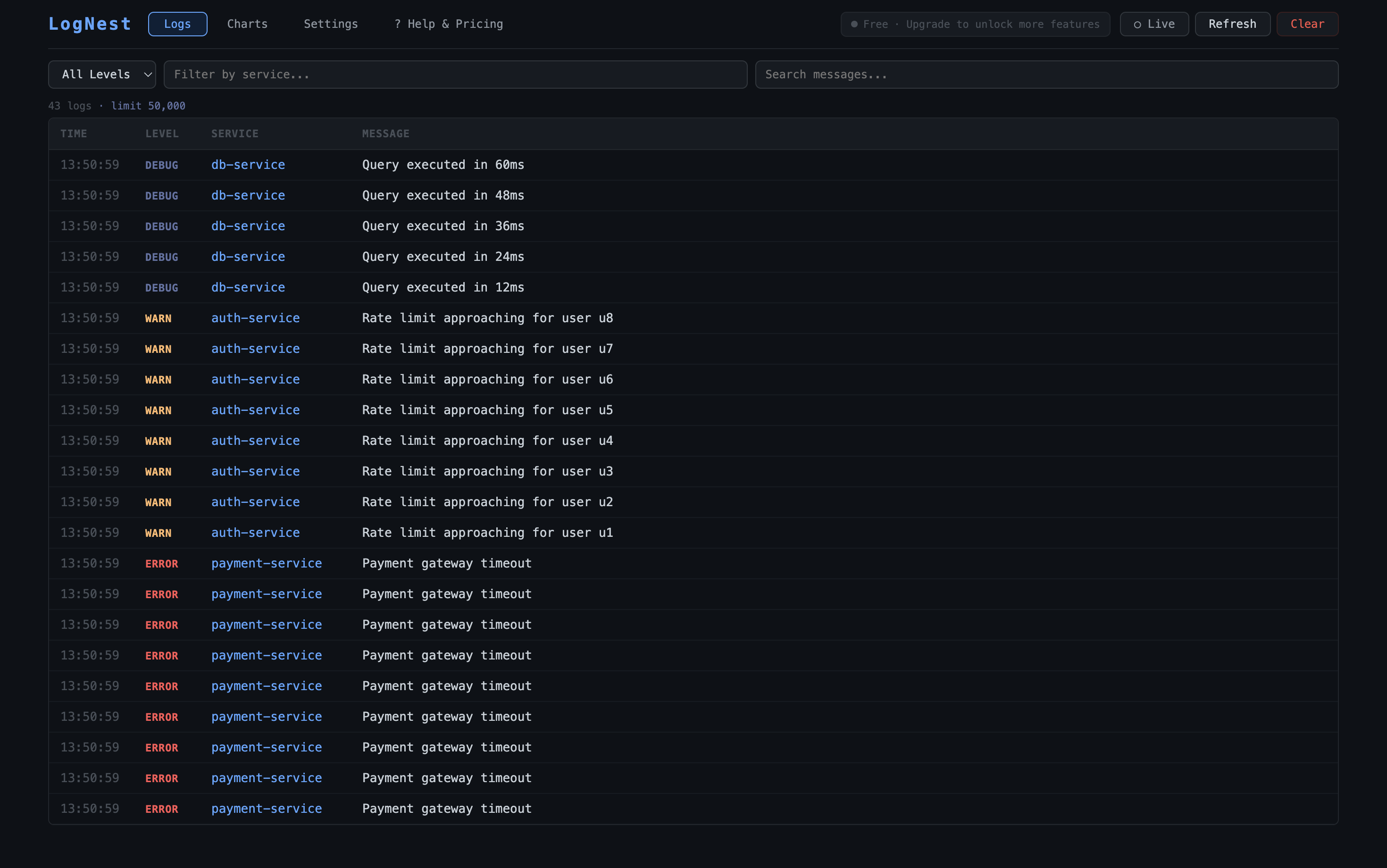 LogNest dashboard showing live log stream with DEBUG, WARN, and ERROR entries from multiple services